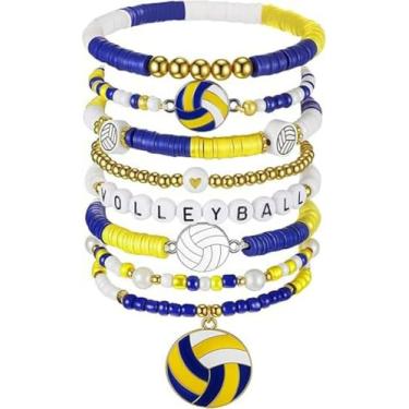 Imagem de KLSKLYL 【Conjunto de 8 peças de pulseiras Super Bowl】 Pulseiras com tema esportivo para dia de jogo – Conjunto de miçangas unissex de futebol, basquete, vôlei e beisebol, One Size, Argila de polímero