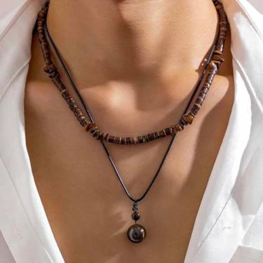 Imagem de Colar masculino com contas pretas para homens, presentes de aniversário para pai, marido, concha, joias