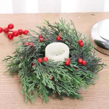 Imagem de Anel de guirlanda artificial de Natal de 17,5 cm simula pinheiro, árvore de pinheiro, frutas vermelhas, guirlandas, anéis de guardanapo, mesa de jantar para casa, decoração de festa de Natal