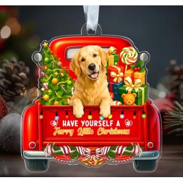 Imagem de Ornamento de acrílico Golden Retriever - Have Yourself A Furry Little Christmas - Caminhão vermelho de Natal - Decoração festiva de Natal - Pendurado em árvore de Natal