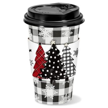 Imagem de JarThenaAMCS Conjunto de 48 Xícaras de Café Descartáveis de Natal com Mangas Tampas Xadrez Floco de Neve Copo de Bebida de Árvore de Natal Copo de Papel para Festas de Natal de Inverno