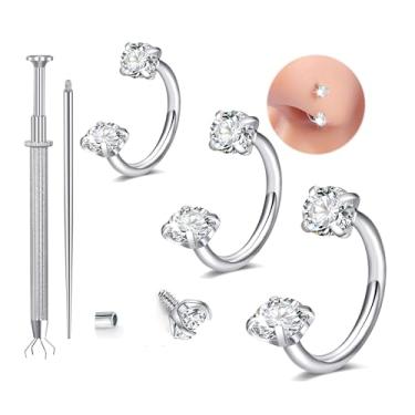 Imagem de Meia argola de ouro prata cartilagem hélice tragus argolas 6 mm 7 mm 8 mm 18 g anel de nariz em ferradura para mulheres anel de nariz de sapato de cavalo de pedra dupla argola de aço cirúrgico labret