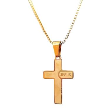 Imagem de Colar Dourado Feminino Crucifixo Veneziana Fino Inox Cruz C5
