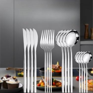 Imagem de Jogo de Talheres 24 Peças Inox Dourado - Conjunto Talheres de Cozinha Elegante para Mesa Posta, Jantar e Presente(24 conjuntos de prata)