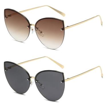 Imagem de 2 peças óculos de sol grandes sem armação estilo olho de gato, lentes degradê, armação de metal da moda, óculos de grau