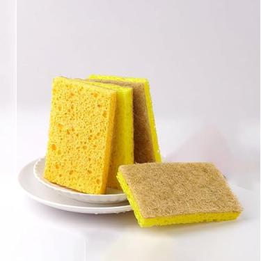 Imagem de 4 peças de esponja de polpa de madeira e bucha, dupla face não arranha para pratos/frigideiras/balcões, esponjas de limpeza de cozinha marrom