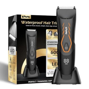 Imagem de ENSSU Aparador de pelos corporais Manscape para homens, aparador de pelos da virilha pubiana para homens com lâmina segura, barbeador de bolas sem fio masculino com luz, base de carregamento, aparador (laranja)