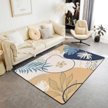 Imagem de Tapete de sépia jeans fofo com folhas e flores para quarto | Tapete redondo pequeno de 7 x 12 cm, lavável, antiderrapante, boho, círculo, crianças, botânico, tapete abstrato, para sala de jogos, sala