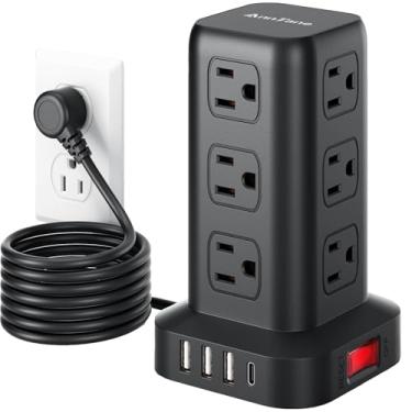 Imagem de AnnTane - Régua de linha com protetor contra sobretensão de 2 metros, torre de régua elétrica com 4 portas USB (1USB C), cabo de extensão com 12 saídas CA,