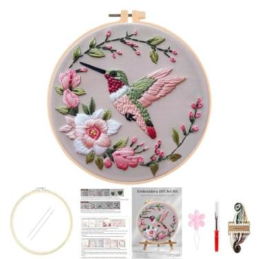 Imagem de Huacan Kits de bordado para adultos, padrão de pica-pau estampado para iniciantes, faça você mesmo, ponto cruz, kit de costura de flores 19 x 19 cm