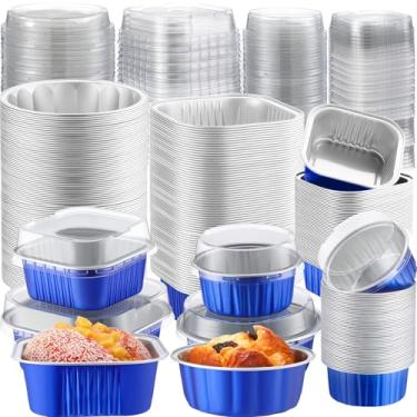 Imagem de Gejoy 200 peças de copos de alumínio para assar com tampas, formas descartáveis de bolo de ramequins quadradas, 10 e 141,7 g, redondo, 8 e forros de cupcake de 118 ml, molde de pudim de muffin