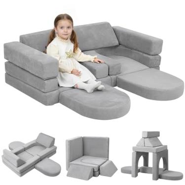Imagem de MeMoreCool Sofá infantil modular de 10 peças – Conjunto de sofá infantil de espuma conversível e forte de construção, móveis criativos de sala de jogos para escalada, deslizamento e hora da soneca