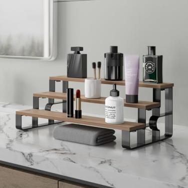Imagem de Prateleira moderna de 3 camadas de colônia e perfume, madeira cinza com moldura preta, suporte organizador de bancada para armazenamento de fragrâncias (nogueira, 3 camadas - largura = 28,4 cm)