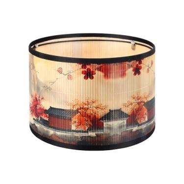 Imagem de GES Abajur de tambor de bambu natural 29 × 29 x 19 cm com estampa floral, capa de lâmpada média para quarto, sala de estar, decoração de casa (Barco 2)
