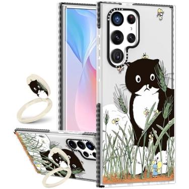 Imagem de Boaretiu Capa fofa Kawaii para Samsung Galaxy S25 Ultra com suporte - Suporte de anel giratório de 360° na moda com suporte preto gato abelha para mulheres meninas meninos adolescentes meninas para