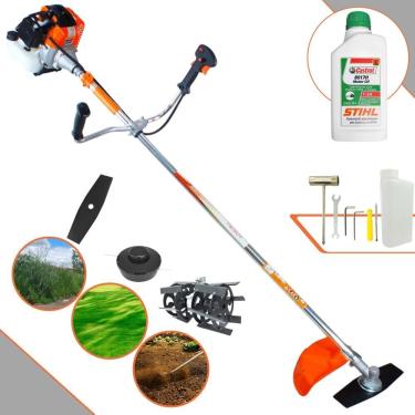Imagem de Roçadeira Profissional Lateral Vulcan Vr430s À Gasolina 43cc 1,7hp 2t + Óleo Castrol Stihl 500ml + Enxada Rotativa Dura