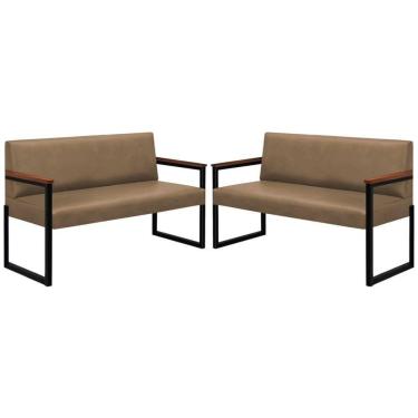 Imagem de Conjunto 2 Sofás De 2 Lugares Niterói Couro Bege Em Metal Preto