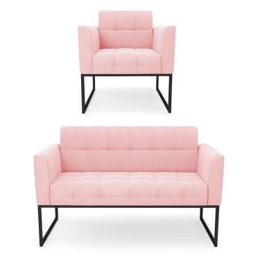 Imagem de Kit 1 Sofá Namoradeira E 1 Poltrona Suede Base Metálica Industrial Preto - D'rossi Cor Rosa Bebê