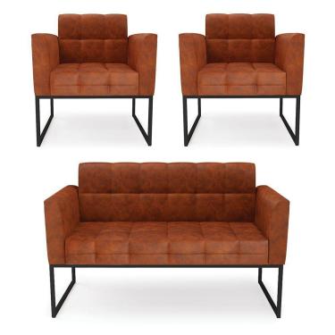 Imagem de Kit 1 Sofá Namoradeira E 2 Poltronas Elisa Corano Nozes Base Metálica Industrial Preto - D'rossi