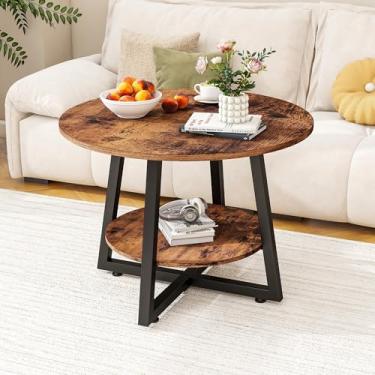 Imagem de FOUBAM Mesa de centro redonda com prateleiras de armazenamento, mesa de centro pequena circular de 2 camadas para sala de estar, moldura de metal/aparência de madeira, centro de mesa de sofá moderno