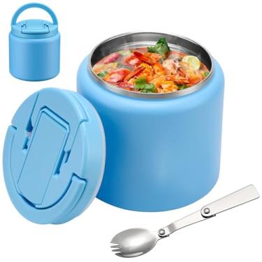 Imagem de BABHAMNESS Garrafa térmica de sopa de 737 g para comida quente infantil isolada a vácuo com tampa de fivela, recipiente de almoço de aço inoxidável à prova de vazamento de boca larga com colher azul