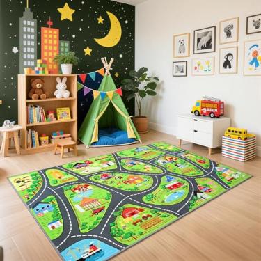 Imagem de B BENRON Tapetes de brinquedo de aventura de fazenda, tapete educativo e divertido para crianças, 152 x 91 cm, tapete antiderrapante com celeiros, animais e culturas para brincadeiras imaginativas
