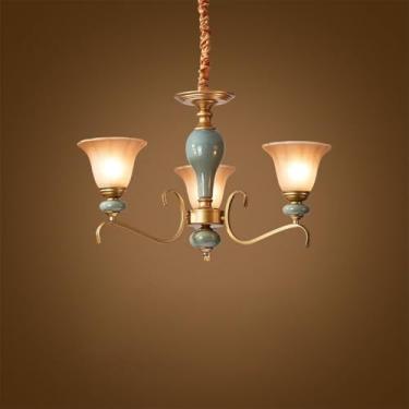 Imagem de Lustre de luxo europeu para sala de estar, estilo retrô americano, em cerâmica, para restaurante, quarto, escritório, hotel, casa de campo ou café, com luminária pendente de LED (H 3 lâmpada