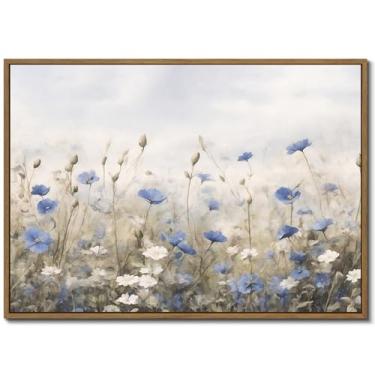 Imagem de Arte de parede floral vintage azul branco flores em tela impressões de flores silvestres decoração de parede natureza paisagem pintura a óleo emoldurada arte botânica para quarto de meninas quarto