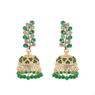 Imagem de Brincos femininos banhados a ouro indiano CZ Jhumka com pingente de sino, joia vintage de casamento, joia de casamento para noiva, 63*26mm, Metal Cristal Esmalte, Sem pedra preciosa