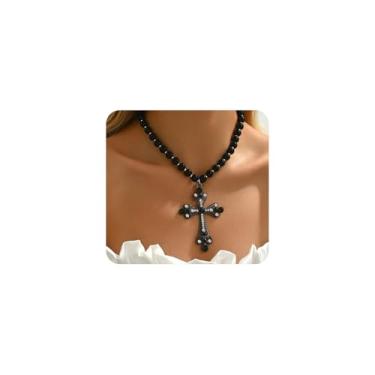 Imagem de Colar de pérolas grandes com contas de cruz para mulheres, góticas, bolas redondas e crucifixo, gargantilha vintage, colar de declaração, joias grandes exageradas, Large, Metal, Sem Pedra Preciosa