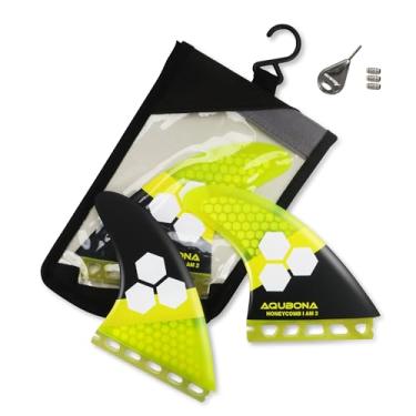 Imagem de Conjunto de 3 aletas AM2 de fibra de vidro + favo de mel, compatível com caixa de barbatana de aba única, longboard de surf, shortboard, com bolsa de barbatana, parafusos e chave (amarelo)