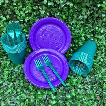 Imagem de Kit Descartável Econômico 150 Itens - Conjunto para Festas com Pratos, Copos e Garfos para Aniversário e Eventos(Roxo Perolado com Verde Perola)