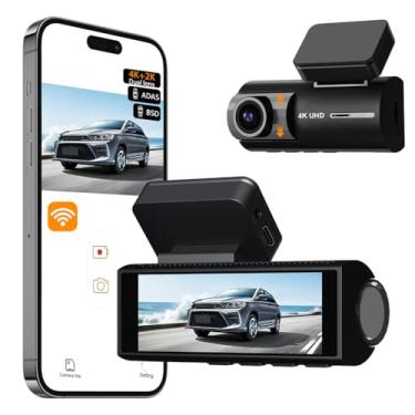 Imagem de Câmera veicular WiFi 4K para carros, câmera frontal e traseira DVR, controle de aplicativo WiF integrado ADAS BSD com tela de 8.0 cm, visão noturna, monitor de estacionamento, gravação em loop
