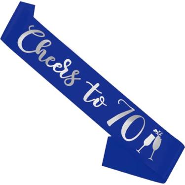 Imagem de Faixa de aniversário azul, faixa de aniversário "Cheers To 70" para meninas, mulheres e homens com letras prateadas para lembrancinhas de festa engraçadas, suprimentos 70 azul prata