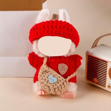 Imagem de Compatível com bonecas de pelúcia (sem boneca) - Boina de malha vermelha, suéter com patch de urso e bolsa de crochê bege conjunto de roupa compatível com Labubu 15 cm/17 cm (boneca não incluída