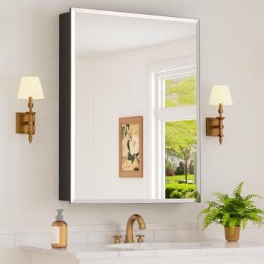 Imagem de Armário de remédios de 61 x 76 cm com espelho, armário de remédios de alumínio, espelho de borda chanfrada temperada, porta única, prateleiras ajustáveis, espelhos de banheiro de montagem em