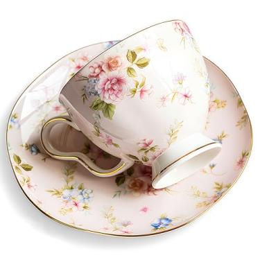 Imagem de Xícara de chá e pires de osso floral rosa blush de 212 g – Conjunto de porcelana rosa inglesa com acabamento dourado, presente para chá de panela, dia das mães ou chá