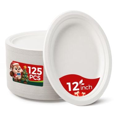 Imagem de hooray mida Pratos de papel ovais 100% compostáveis de 30,5 cm, pacote com 125 pratos descartáveis grandes resistentes para churrasco, festa, piquenique, ação de graças - branco
