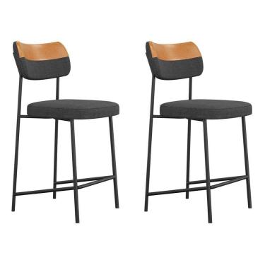 Imagem de Kit 02 Banquetas Médias Cozinha Lila Estofada Couríssimo Whisky Linho Grafite - Abmaza