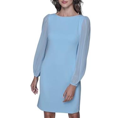 Imagem de Karl Lagerfeld Vestido feminino de crepe de mergulho com gola redonda e gola pérola, manga longa de chiffon, Blue Mist, 42