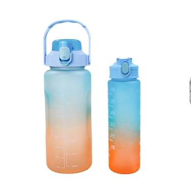 Imagem de Garrafa de Água 2L e 900ml Degrade com Adesivos 3D, Plástico, Marcador de Tempo, Alça Removível, Canudo, para Academia e Esportes