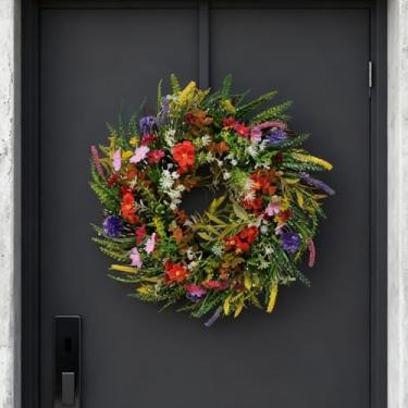 Imagem de Luqeeg Guirlanda de primavera e verão, grama de plástico antirugas, guirlanda de flores artificiais para porta da frente para decoração de casa, dia de Ação de Graças, decoração interna ao ar livre