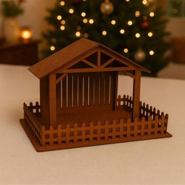 Imagem de Presépio de Natal em MDF com Cercado, Casinha Artesanal para Montar, Decoração Natalina, Mini Presépio, Estábulo com Telhado