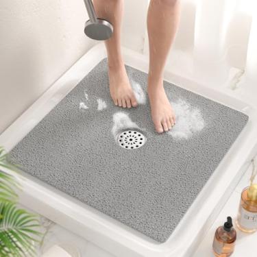 Imagem de HITSLAM Tapete de chuveiro, tapete de banheira antiderrapante quadrado de 53 x 53 cm, tapete de banho de bucha de PVC macio para banheira com orifícios para pendurar, tapete de chuveiro de secagem