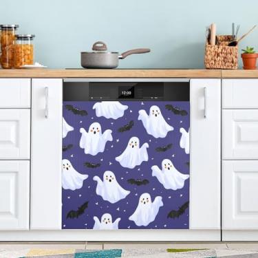 Imagem de ATTX Capa de ímã de lava-louças de fantasmas e morcegos fofos, 58,4 cm C x 66 cm A decoração da capa da máquina de lavar louça, decalques para armários domésticos e eletrodomésticos adesivos #152