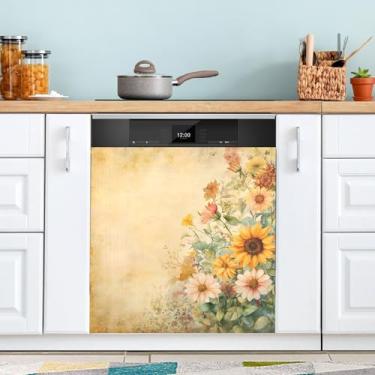 Imagem de ATTX Capa de ímã vintage girassóis para lava-louças, 58,4 cm C x 66 cm A, decoração da capa da máquina de lavar louça, decalques de armário doméstico e eletrodomésticos adesivos #120