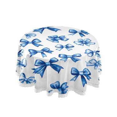 Imagem de SEHANY Toalha de mesa redonda com laço azul de 152 cm, tecido lavável sem rugas, toalha de mesa decorativa de renda para restaurante, casamento, acampamento, festa de cinco de maio