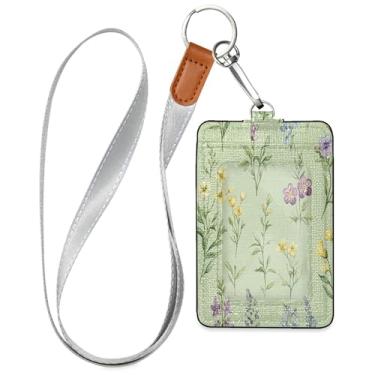 Imagem de SEHANY Porta-crachá de couro de flores silvestres verdes com cordão, porta-crachá de identificação com 1 janela transparente para identidade e 2 compartimentos para cartão para funcionários de