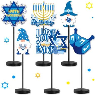 Imagem de 6 peças de decoração de mesa de Hanukkah placa de mesa de madeira Chanukkah decoração para o inverno Chanukkah casa interior centro de mesa Menorah Dreidel estrela de David