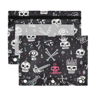 Imagem de ATTX Bolsa de lápis com estampa de caveira colorida para fichário de 3 anéis – Estojo transparente de grande capacidade com zíper liso, organizador de material de escritório resistente #149